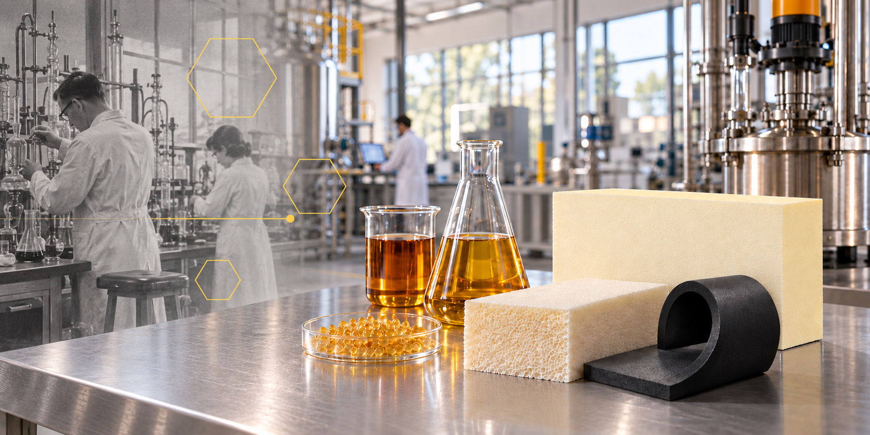 MCPU lab bench with amber polyol samples in a beaker and flask, rigid and flexible polyurethane foam blocks and a pipe-insulation section, with archival chemists at work behind
